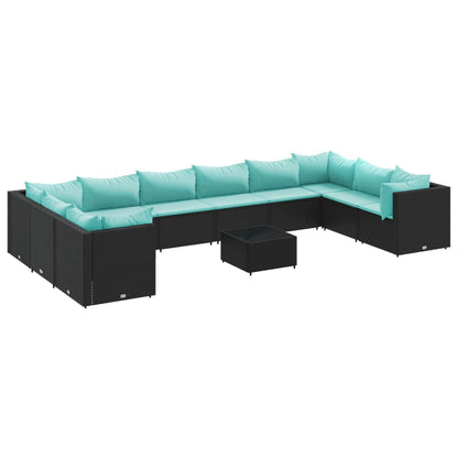 11-delige Loungeset met kussens poly rattan zwart