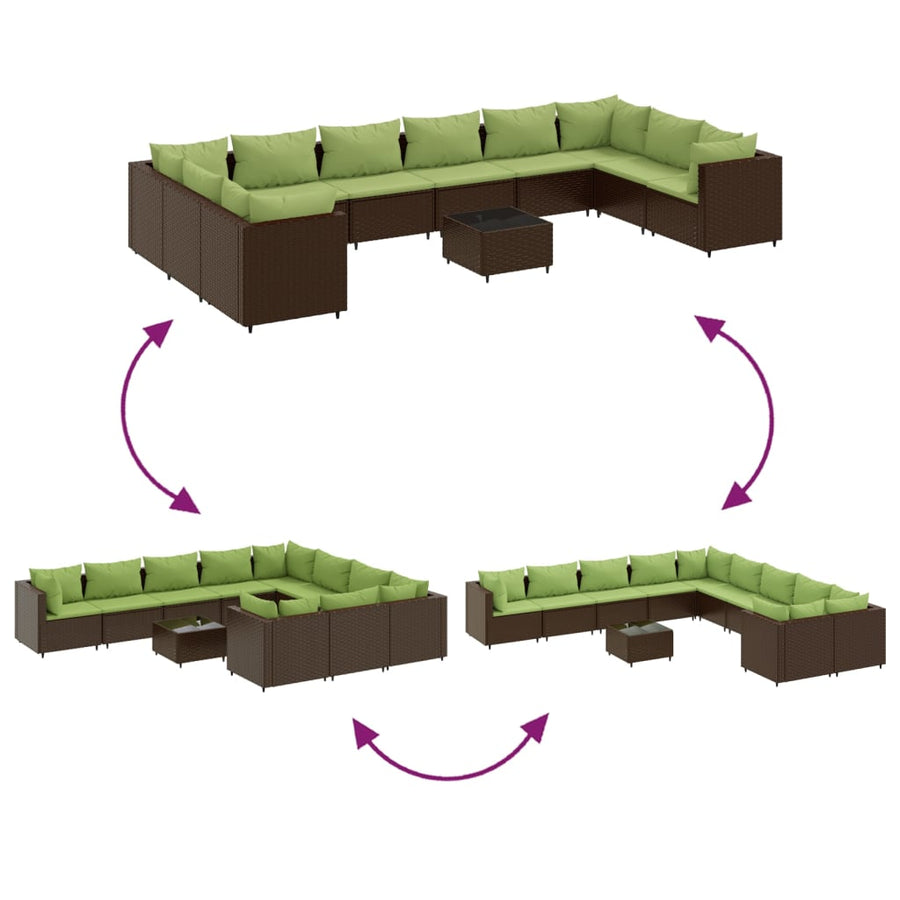 11-delige Loungeset met kussens poly rattan bruin