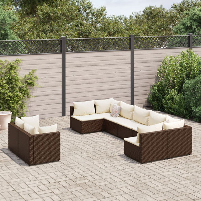 9-delige Loungeset met kussens poly rattan bruin