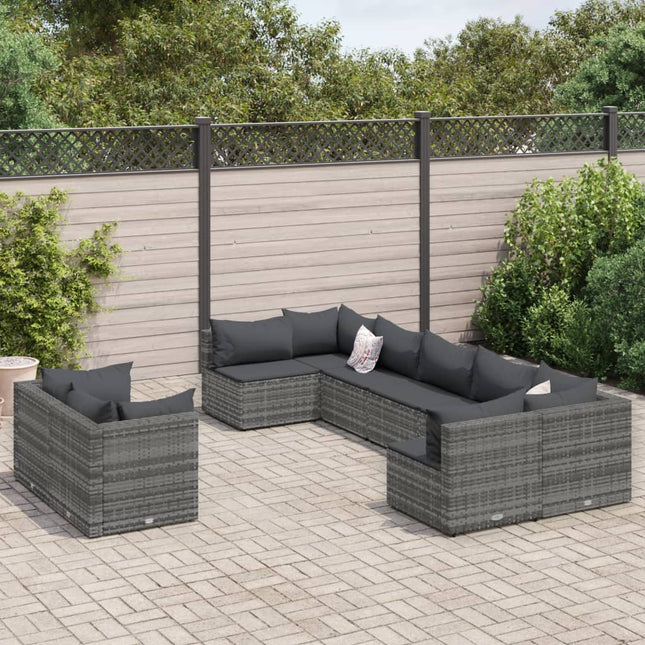 9-delige Loungeset met kussens poly rattan grijs