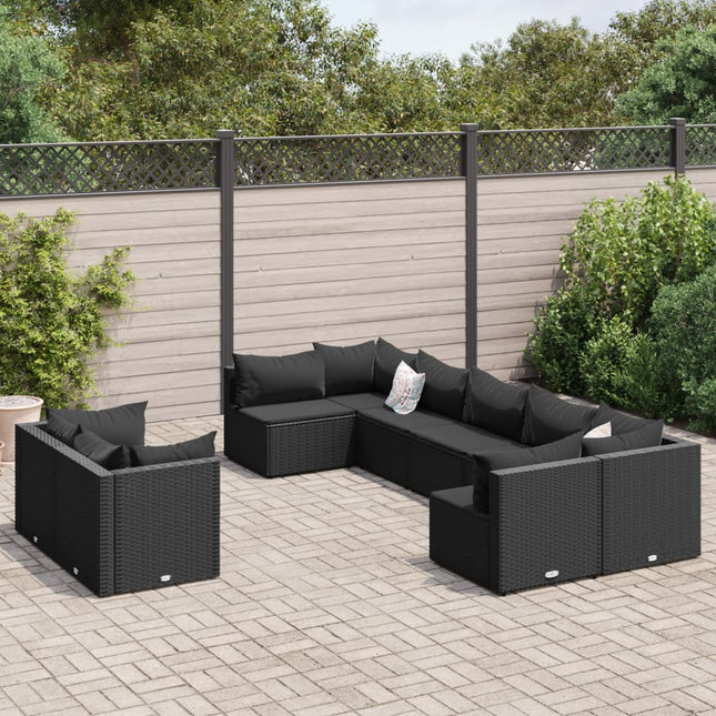 9-delige Loungeset met kussens poly rattan zwart