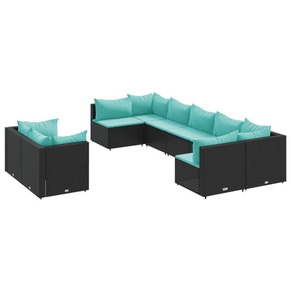 9-delige Loungeset met kussens poly rattan zwart