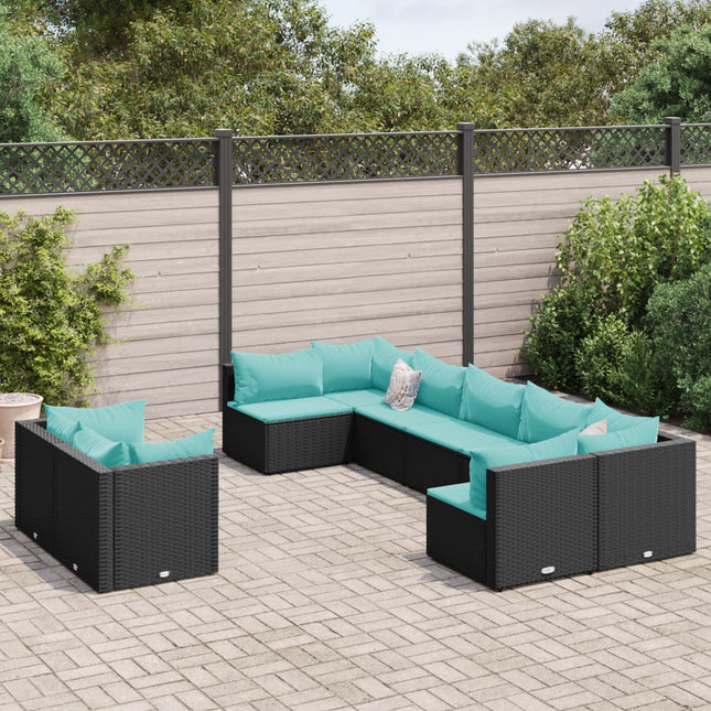 9-delige Loungeset met kussens poly rattan zwart