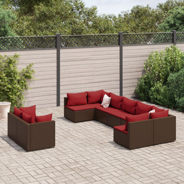 9-delige Loungeset met kussens poly rattan bruin