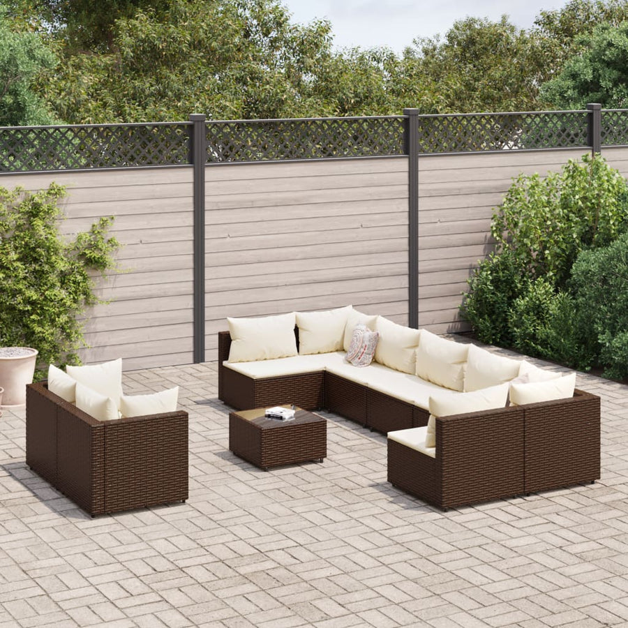 10-Delige Loungeset Met Kussens Poly Rattan Bruin en crème