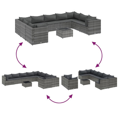 10-Delige Loungeset Met Kussens Poly Rattan Grijs