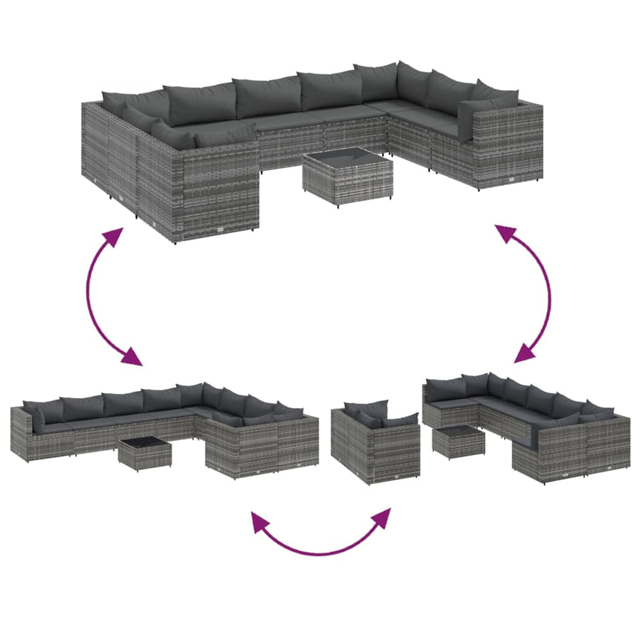 10-Delige Loungeset Met Kussens Poly Rattan Grijs