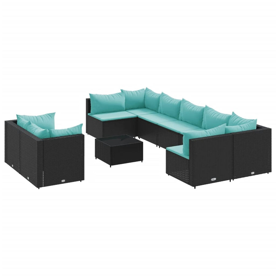 10-delige Loungeset met kussens poly rattan zwart