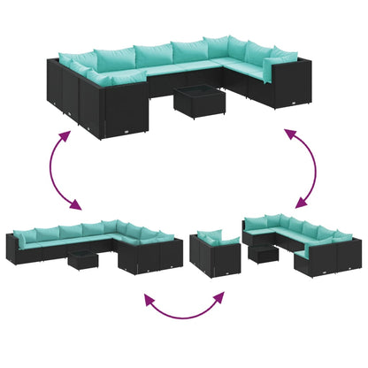 10-delige Loungeset met kussens poly rattan zwart