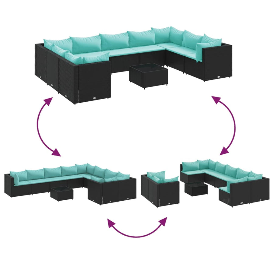 10-delige Loungeset met kussens poly rattan zwart