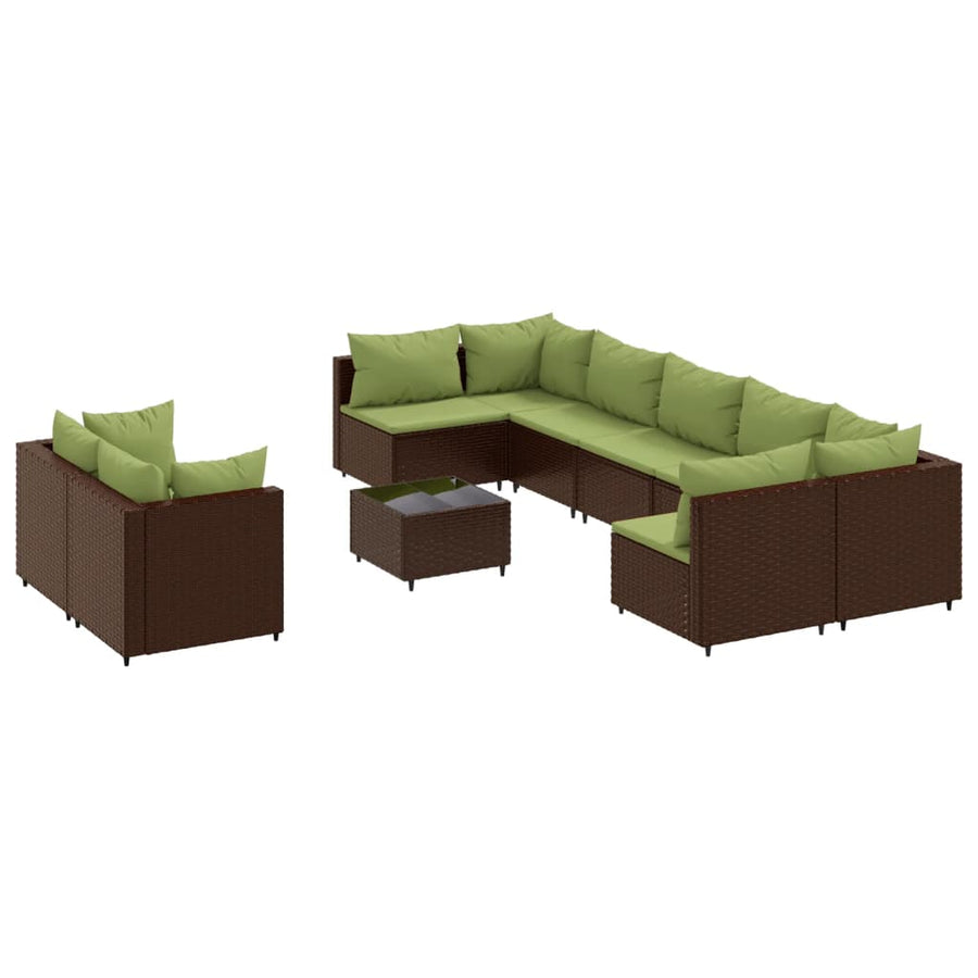 10-Delige Loungeset Met Kussens Poly Rattan Bruin en groen