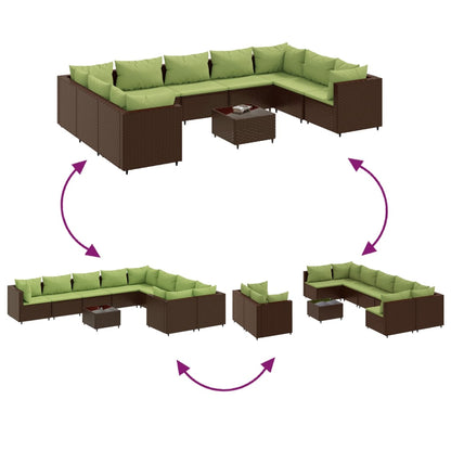 10-Delige Loungeset Met Kussens Poly Rattan Bruin en groen