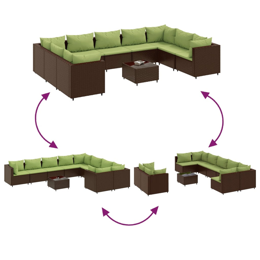 10-Delige Loungeset Met Kussens Poly Rattan Bruin en groen