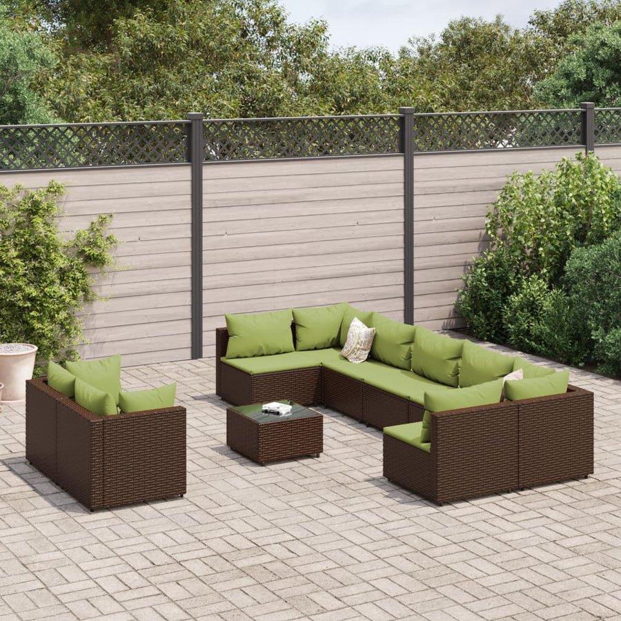 10-Delige Loungeset Met Kussens Poly Rattan Bruin en groen