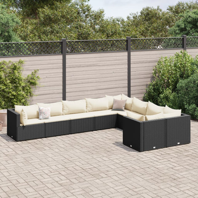 9-delige Loungeset met kussens poly rattan zwart