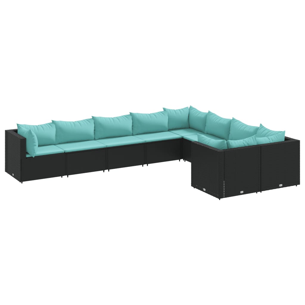 9-delige Loungeset met kussens poly rattan zwart