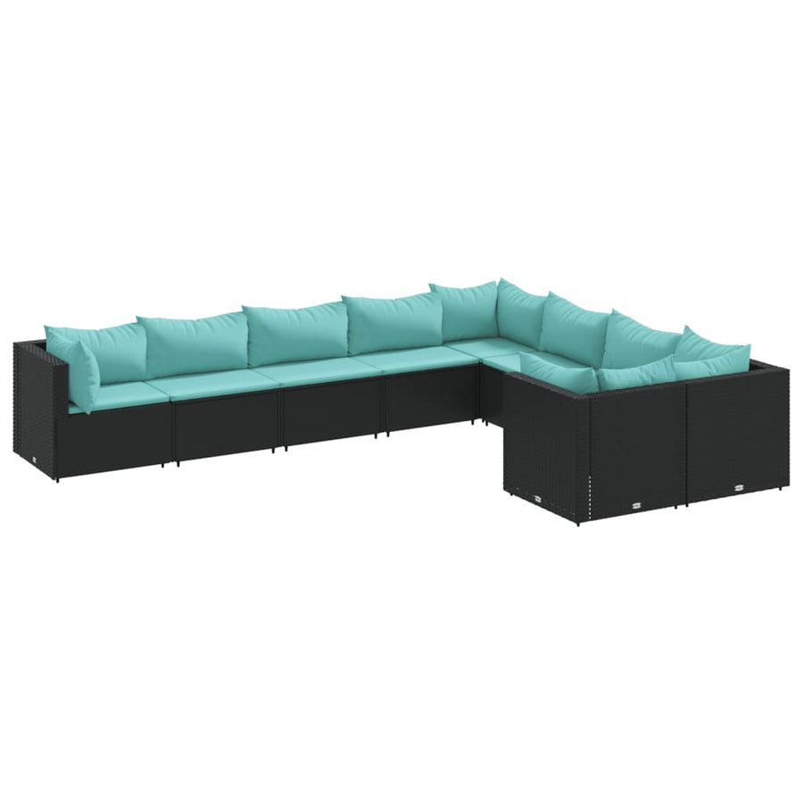 9-delige Loungeset met kussens poly rattan zwart