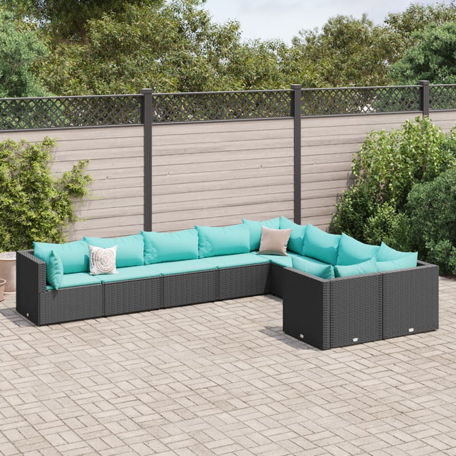 9-delige Loungeset met kussens poly rattan zwart