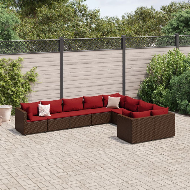 9-delige Loungeset met kussens poly rattan bruin