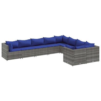 9-delige Loungeset met kussens poly rattan grijs