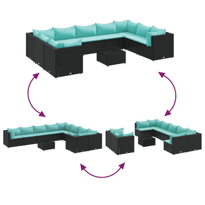 10-delige Loungeset met kussens poly rattan zwart