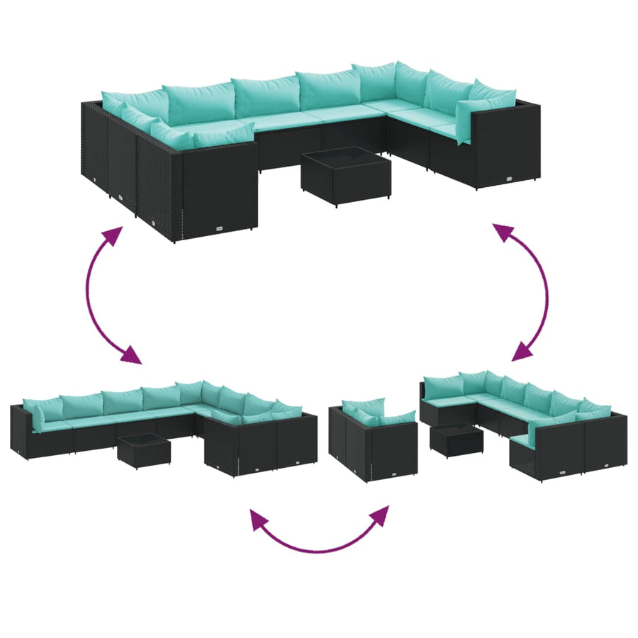 10-delige Loungeset met kussens poly rattan zwart