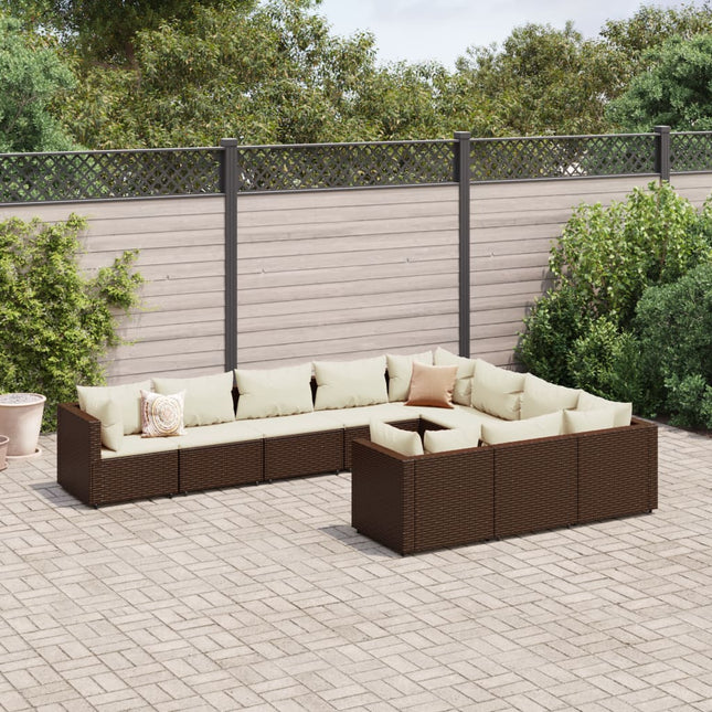 10-delige Loungeset met kussens poly rattan bruin