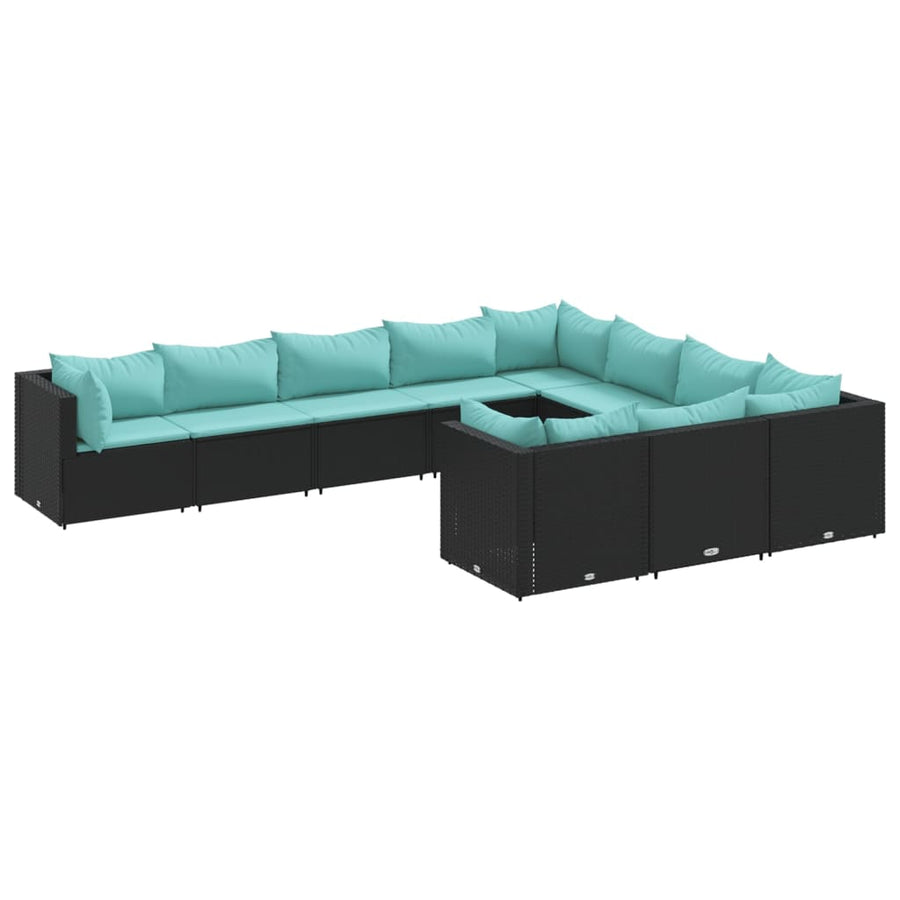10-delige Loungeset met kussens poly rattan zwart