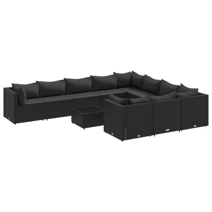 11-delige Loungeset met kussens poly rattan zwart