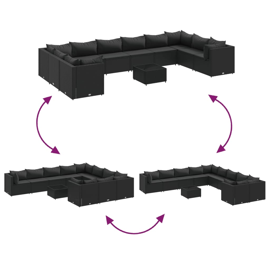 11-delige Loungeset met kussens poly rattan zwart