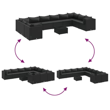 11-delige Loungeset met kussens poly rattan zwart