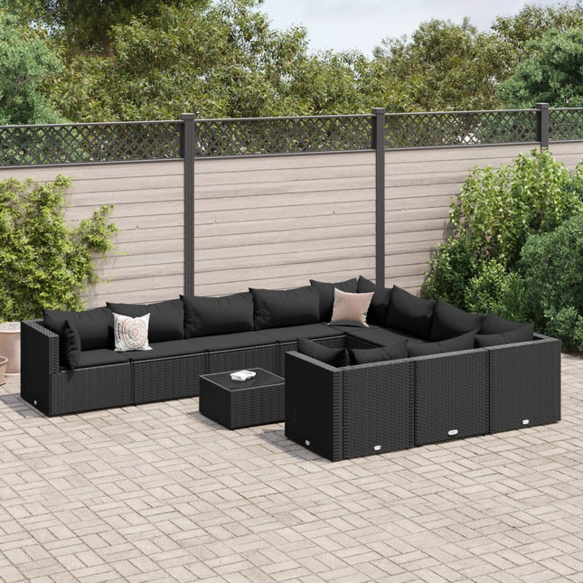 11-delige Loungeset met kussens poly rattan zwart