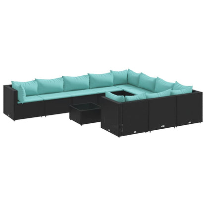 11-delige Loungeset met kussens poly rattan zwart