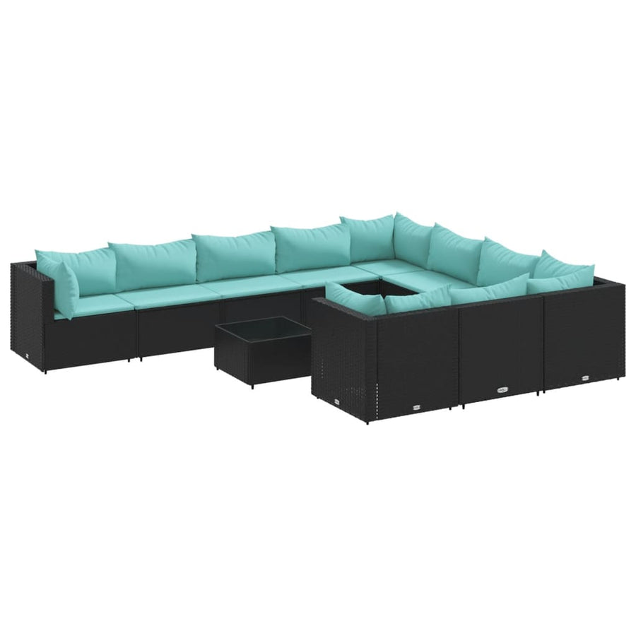 11-delige Loungeset met kussens poly rattan zwart