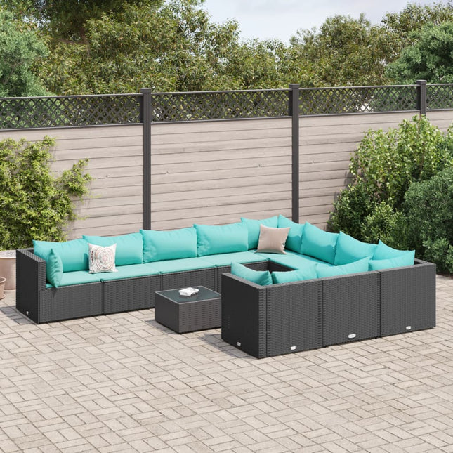 11-delige Loungeset met kussens poly rattan zwart