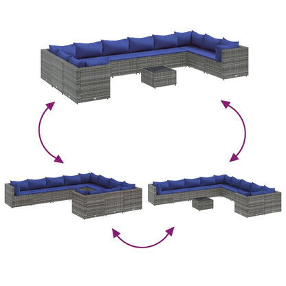 11-delige Loungeset met kussens poly rattan grijs