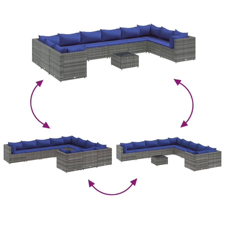 11-delige Loungeset met kussens poly rattan grijs
