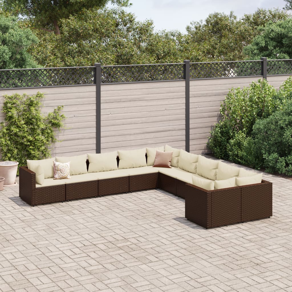 Loungeset Met Kussens Poly Rattan Bruin en crème