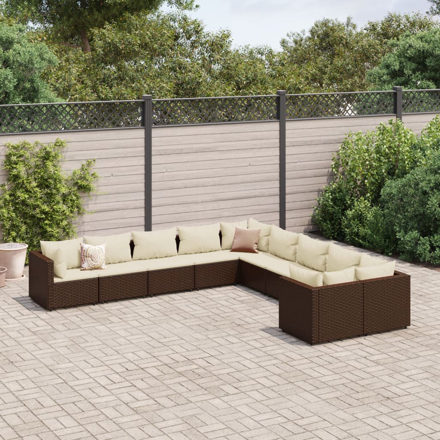 Loungeset Met Kussens Poly Rattan Bruin en crème