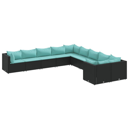 10-delige Loungeset met kussens poly rattan zwart