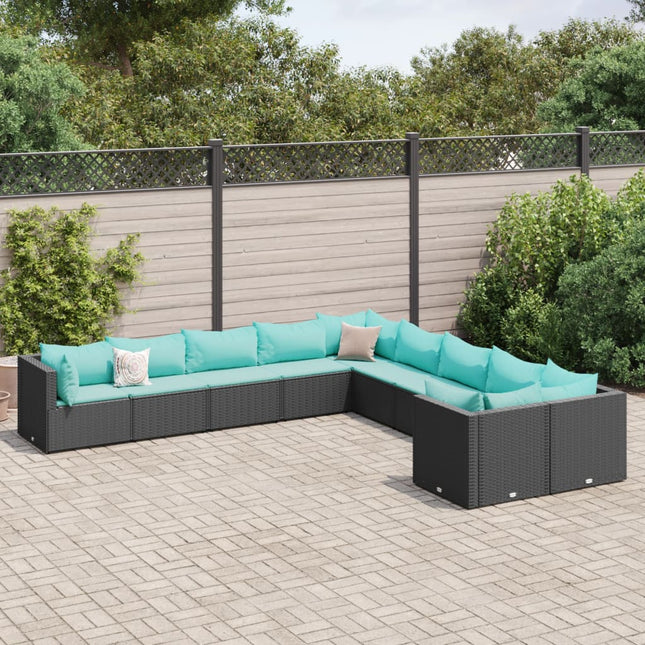 10-delige Loungeset met kussens poly rattan zwart