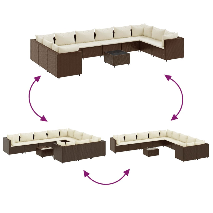 11-Delige Loungeset Met Kussens Poly Rattan Bruin en crème