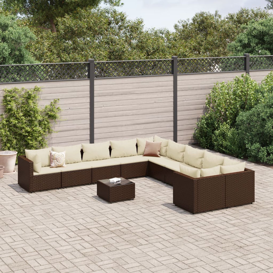 11-Delige Loungeset Met Kussens Poly Rattan Bruin en crème