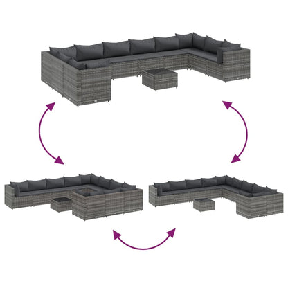 11-Delige Loungeset Met Kussens Poly Rattan Grijs