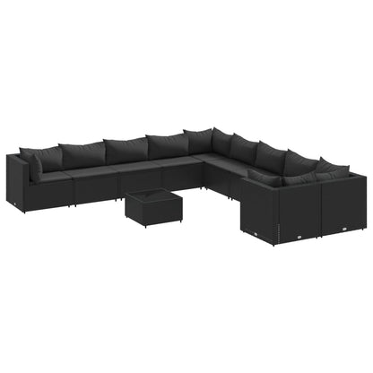11-delige Loungeset met kussens poly rattan zwart