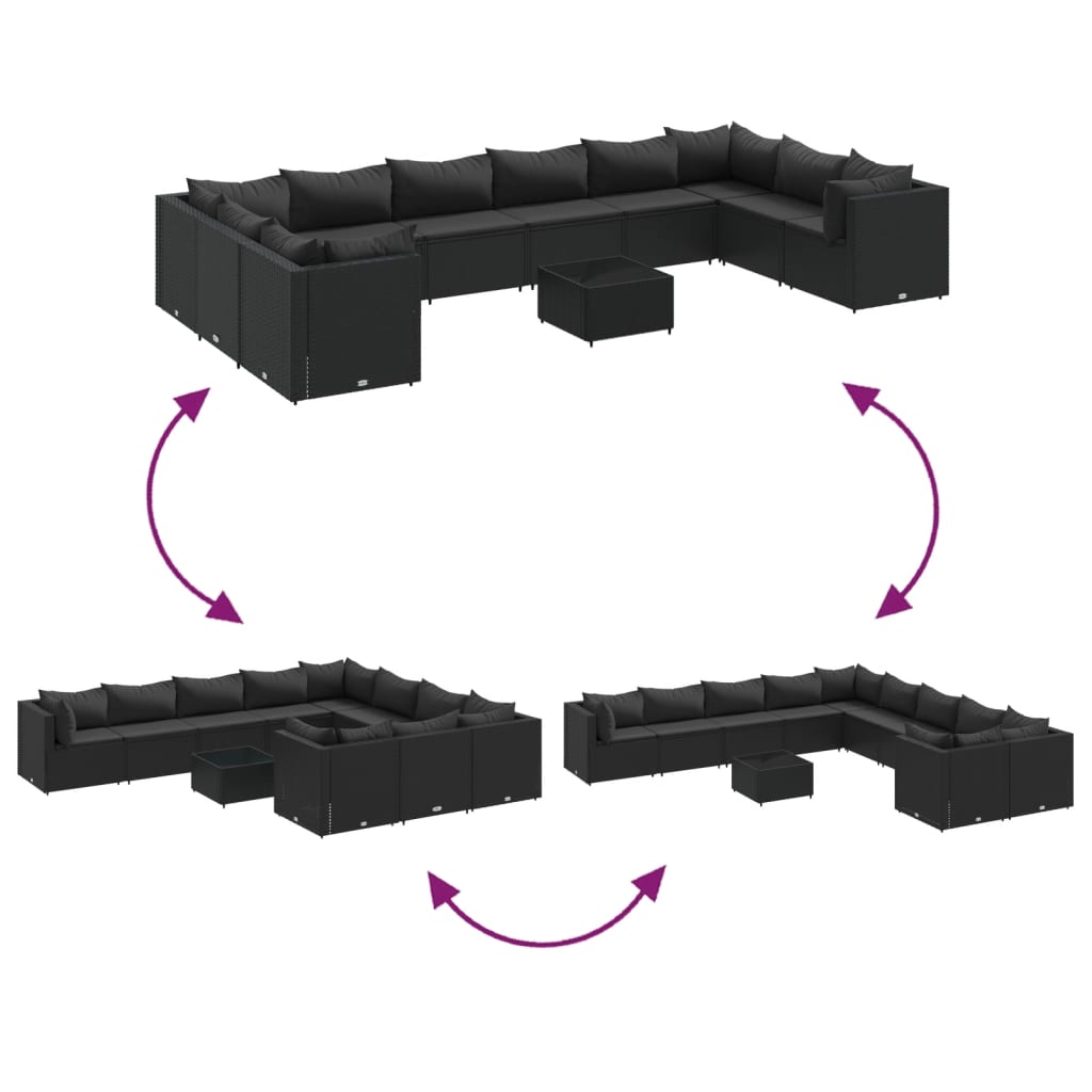 11-delige Loungeset met kussens poly rattan zwart