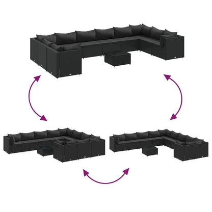 11-delige Loungeset met kussens poly rattan zwart