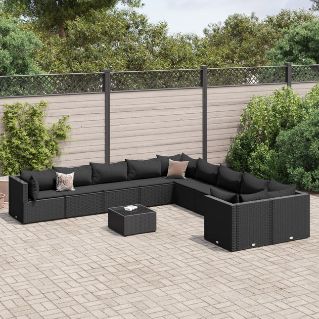 11-delige Loungeset met kussens poly rattan zwart