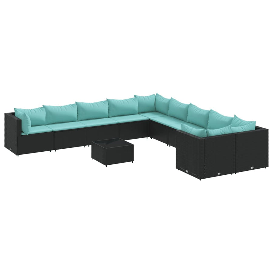 11-delige Loungeset met kussens poly rattan zwart