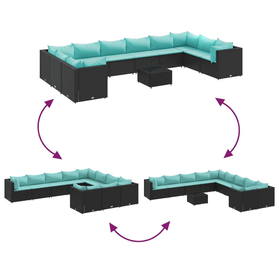 11-delige Loungeset met kussens poly rattan zwart